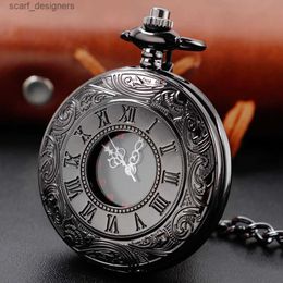 Pocket Watches Retro Roman Numerals Quartz Pocket Men Women Black Hollow Case Steampunk Vintage Pendant Necklace Clock Gifts Y240410