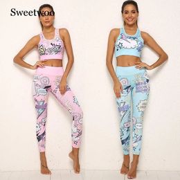 2 Piece Women Tracksuit Cartoon Yoga Set Running Fitness BraLeggings Sports Suit With Pad Gym Sportswear Workout Clothes SXL 240410