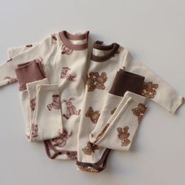 Newborn Infant Cute Bear Print Tracksuit Kids Toddler Boys Girls Suit Baby Clothes 2PCS Kids Pyjamas Set Homewear Tops Pants Set