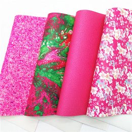 Hot Pink Chunky Glitter Leather Flowers Printed Synthetic Leather Litchi Vinyl Leather Sheets Felt Backing For DIY 21x29CM Q627