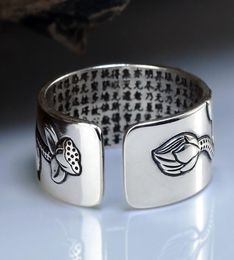 Fashion Real 999 Pure Silver Jewellery Lotus Flower Open Ring For Men Male Fashion Size Buddhistic Heart Sutra Rings Gifts2147338