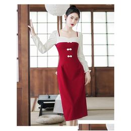 Basic Casual Dresses Chinese Style Vintage For Women Long Sleeve Red Square Neck Elegant Temperament Dress Slim Fit Autumn Retro Vesti Dhqlv