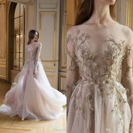 Elie Saab New Illusion Evening Dresses A Line Long Sleeves Sheer Neck 3D Floral Applique Floor Length Custom Made Tulle Formal Prom Dresses