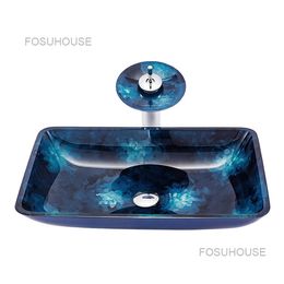 Creative Tempered Glass Bathroom Sinks Hand-painted Craft Bathroom Washbasins Modern Simple Washing Sinks Blue Sky Wash Basin