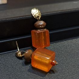 Dangle Earrings Square Orange Color Geometric Wood Earring