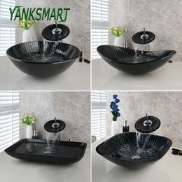 YANKSMART Bathroom Tempered Square Glass Washbasin Vessel Sink Stripe White & Black Waterfall Faucet Set With Pop-up Drain Kit