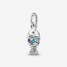 100% 925 Sterling Silver Sparkling Blue Scaled Fish Dangle Charm Fit Original European Charms Bracelet Fashion Wedding Egagement J2229