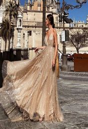 2019 Gold Evening Dresses Sequined V Neck Prom Dress Sparkling Elegant Evening Gowns Robe De Soiree Abendkleider8574840