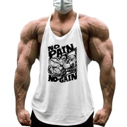 Mens Casual Fashion NO PAIN NO GAIN Print Bodybuilding Tank Tops Gym Fitness Cotton Breathable Y-back Summer Sleeveless Shirt 240328