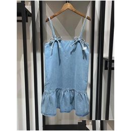 Basic Casual Dresses Spring 2024 Women Back Letter Embroidery Dress Bowknot Cotton Ladies Solid Color Ruffle Sleeveless Denim Drop Del Dhrvc