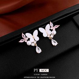 Sier Needle Butterfly Pearl Zircon Korean Sweet Elegant Style Earrings, Instagram, Small and High End Earrings for Women