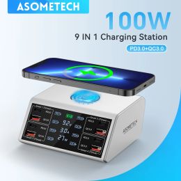 Chargers ASOMETECH 100W USB C Fast Charger Station,4 QC3.0 + 4 PD3.0 PPS + Wireless Charging,9 in 1 USB Charger For Samsung iPhone iPAD