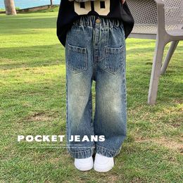 Trousers Kids Pants Pocket Jeans Tide Spring Girls Versatile Children Clothing Simple 2024 Elastic Waist