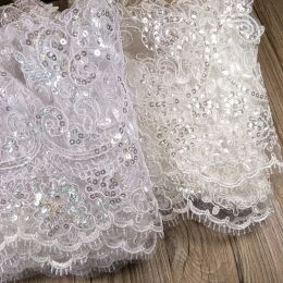 1yard Delicate White/Ivory Sequin Cording Fabric Flower Venise Venice Mesh Lace Trim Applique Sewing Craft for Wedding Dec 19cm