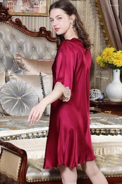 Women's Sleepwear High Quality Real Silk Nightdress Lace Sexy Pajamas 3/4 Sleeve Home Wear Wine Red