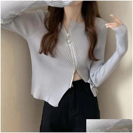 Womens Sweaters Korean Fashion Irregar Cardigan Sweatershirt For Women Solid Zip Up Slim T-Shirt 2023 Autumn Y2K Crop Tops Blouse Drop Dhwdj