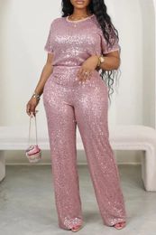 Women's Two Piece Pants Round Neck Sequin T-shirt Top And High Waisted Straight Leg Casual Fashion Winter 2-Piece Set