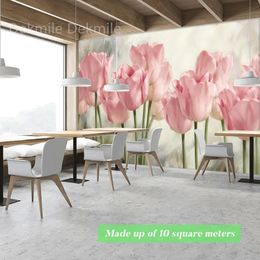 Custom Photo Wallpaper Hand-painted Pink Tulips Flower Wall Covering Mural For Living Room Bedroom Background 3D Dining Kitchen