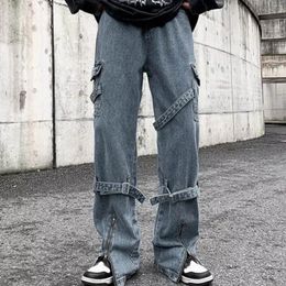 Men's Jeans Cargo Man Zipper Hem Ribbons Hip Hop Denim Pants Ins Korean Fashion Trousers Wide Leg 2000s Y2K For Men