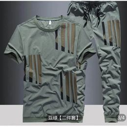 Summer ice silk suit male summer youth fashion brand short sleeve Tshirt loose pants casual sportswear 240326