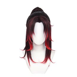 Kokushibou Wig Kimetsu No Yaiba Cosplay Prop Tattoo Stickers Heat Resistant Black Red Mixed Wigs for Halloween Party Costume