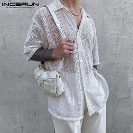 Fashion Men Shirt Mesh Lace Transparent Streetwear Lapel Short Sleeve Button Camisas Party Sexy Men Clothing S-5XL INCERUN 240410