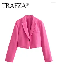 Women's Suits TRAFZA Female Fashion Coats Rose Red Turn-Down Collar Long Sleeves Pocket Decorate Single Button Spring Blazer Woman 2024