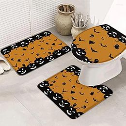 Bath Mats 3 Piece Bathroom Rugs Set Ultra Soft Non Slip Rug Contour Mat Lid Cover Happy Halloween Grimace Pumpkin With Bat