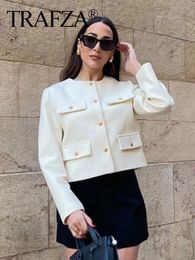 TRAFZA Women Elegant Beige White Coat Long Sleeve O Neck Jacket With Metal Buttons Spring Female Fashion Streetwear Chic Coats 240408