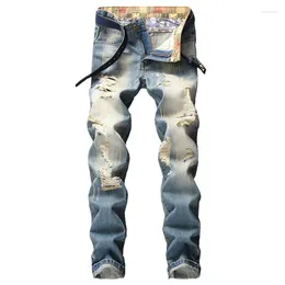 Men's Jeans Retro Blue Hole Ripped Trendy Stretch Denim Pants High Quality Versatile Male Trousers Fashion Printed Plus Size