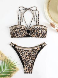 Women's Swimwear Sexy Black Leopard Print Bikini Set 2024 Women Halter Hollow Out Push Up Thong Swimsuit Summer Beach Bathing Suit Micro