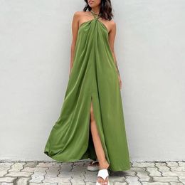 Casual Dresses Solid Color Backless Split Party Dress Sexy Halter Lace-up Off Shoulder Long Elegant Holiday Beach A-Line