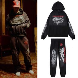 Desginer Hellstar t Shirt 2023 Autumn/winter Flare Black Flame Pants Hoodie Set for Men and Women