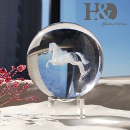 H&D 60mm 3D Laser Engraved Horse Healing Ball Quartz Spheres Wedding Xmas Gift Art Craft Paperweight with Glass & Metal Stand