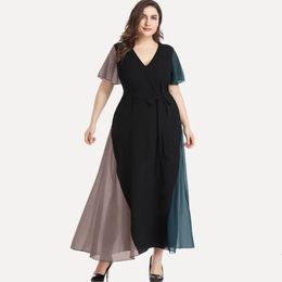 Plus Size Vneck Summer Elegant Chiffon Party Dress Women Short Sleeve Maxi Casual Sash Waist Evening 6XL 240410