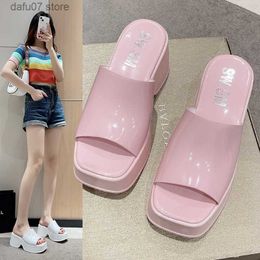 Slippers Thick soled high-heeled slippers for womens summer wear 2024 new sponge cake casual one line square toe fashionable sandals shoes H240410