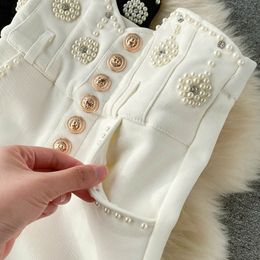 Streetwear Spring Women Luxury Embroidered Flares Pencil Pants Trousers White Black Slim High Waist Girls Single Buttons Pants