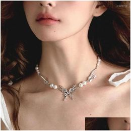 Pendant Necklaces Fashion Trend Light Luxury Niche Collarbone Chain Temperament Simple Cold Wind Pink Zircon Inlaid Pearls Necklace Dr Dhzq3