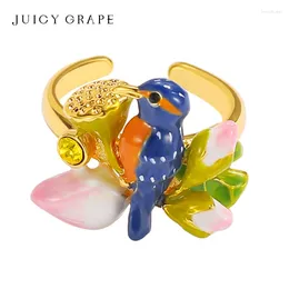 Cluster Rings 18K Gold Plated For Women With Luxry Jewery 3d Lotus Kingfisher Handmade Original Enamel Design Birthday Fine Gift