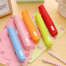 1 Pcs Cute Candy Color Pencil Case Kawaii Dot Canvas Pen Bag Stationery Pouch For Girls Gift Office School Supplies