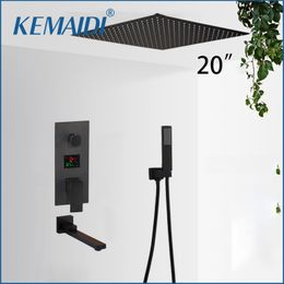 KEMAIDI 20 Inch Black Shower Faucet Set Digital Display Waterfall Bath Shower Systerm 3 Ways Diverter 360 Swivel Bathtub Mixer