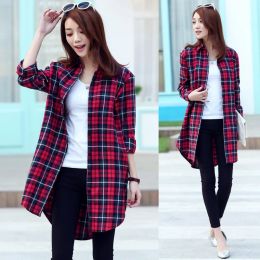 Dresses Autumn New 2020 Plus Size Cotton Long Plaid Flannel Shirt Button Down Shirt for Women Korean Full Sleeve Casual Loose Blouse