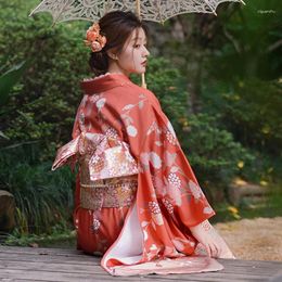 Ethnic Clothing Japanese Retro Single Kimono Orange Chrysanthemum Pattern