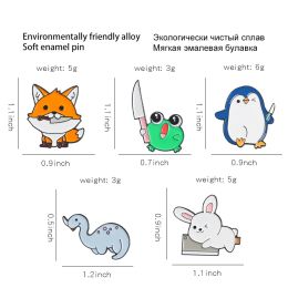 Cute Animal Knife Enamel Pins Dinosaur Penguin Rabbit Fox Brooches for Backpack Clothes Pin Badge Jewellery Gift Bulk Whoelsale