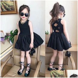 Girl'S Dresses Girl 2-8 Years Girls Elegant Goth Dresss Summer Black Little Princess Dress Backless Off Shoder Party Kids Children C Dhi0K