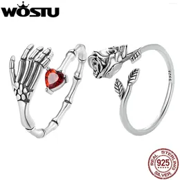 Cluster Rings WOSTU 925 Sterling Silver Punk Skull Hand Opening With Red Heart CZ For Women Hip Hop Special HOliday Jewellery Gifts CQR876