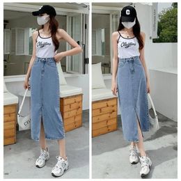 Skirts High Waisted Split Denim Skirt Casual Thin Loose A-Line Spring Summer Vintage Blue Wrap Women Girl