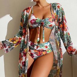 Sexy High Waisted Bikini Three Pieces Floral Printed Swimsuit Women Bikini Set With Mesh Long-Sleeved Blouse Size S-3XL 2024 240409