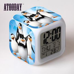 Penguins of Madagascar Alarm Clock Led Light 7 Color Change Lcd Display Watch Desk Table Square Digital Vintage