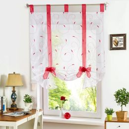 Roman Shade European Embroidery Style Tie Up Window Curtain Kitchen Curtain Voile Sheer Tab Top Window Brand